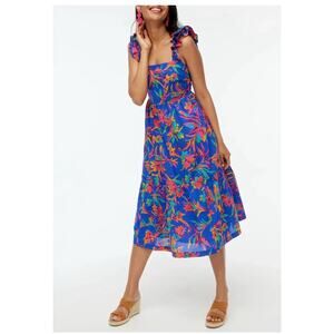 J Crew Women Dress Square Neck Midi Blue Cotton Preppy Floral Boho Size 6 2224
